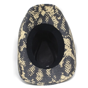 Top view of woven cowboy hat featuring snake skin pattern and black sweatband detail