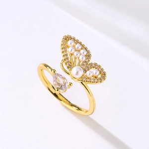 18K gold plated butterfly open ring with sparkling white pearls and teardrop zircon