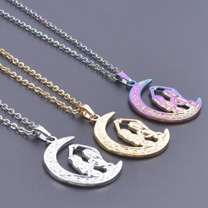 Crescent moon necklaces in silver, gold, and rainbow finishes with figure engravings