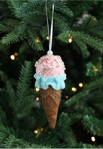Pink ice cream snowman ornament with glitter and pearls on Christmas tree branch