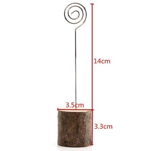 Macro detail of wooden base card holder with metal spiral clip and size specifications