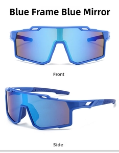 Blue cycling sunglasses with mercury lenses shown in front and side detail views