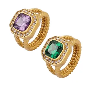 Vintage Geometric Square Zircon Ring Gold Plated Stainless Steel Twisted Rope Band Exaggerated Statement Jewelry For Women