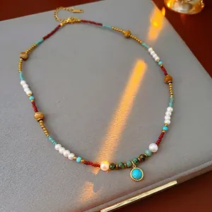Retro Ethnic Turquoise Pendant Artificial Pearl Necklace Titanium Steel Multicolored Beaded Clavicle Chain Bohemian Necklace