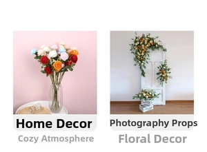 Detailed view of colorful faux peony bouquets in a glass vase and rustic home setting