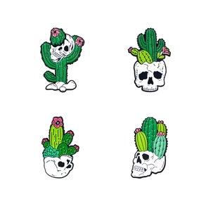 Punk style enamel cactus skull pin set with four unique gothic desert badge designs