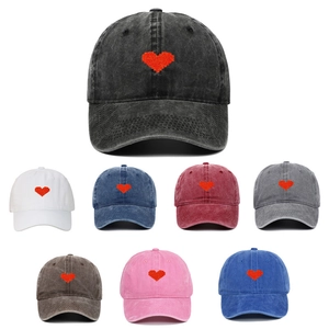 Vintage washed cotton baseball caps with pixel heart embroidery in multiple colors
