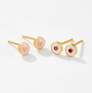 Pink and white enamel evil eye stud earrings in gold plating with crystal accents