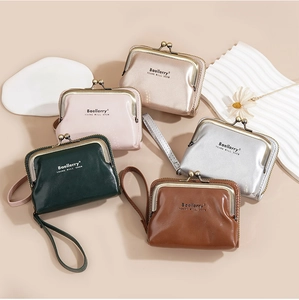 Flat lay of litchi texture PU leather coin purses in five colors with wrist straps