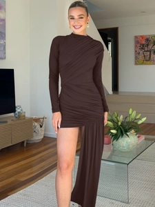 Slim fit dark brown ruched long sleeve dress with elegant side draped detail for women
