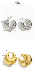 Detailed tile display of gold and silver textured C-hoop earrings with dimensions