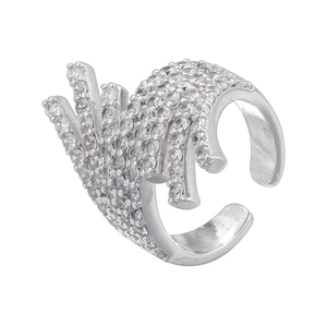 Macro shot of silver feather ring with sparkling cubic zirconia crystals and open band