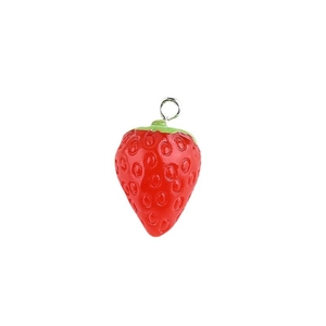 Vibrant red strawberry resin pendant with green leaves and a silver metal ring
