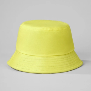 Detailed view of fluorescent yellow bucket hat with reinforced parallel stitching on brim