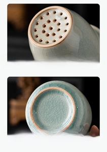 Detailed macro shot of fine laser-cut ceramic tea filter and smooth base with ice crackle glaze