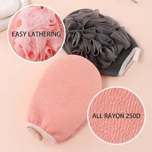 Exfoliating bath mitt set with dual-sided 250D rayon fabric and foam mesh in pink and grey