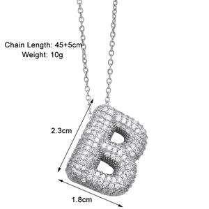 Detail of silver 'B' bubble pendant with cubic zirconia and 45+5cm chain size specs