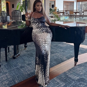Women Sexy Animal Print Halter Maxi Dress Polyester Satin Sleeveless Backless Slim Fit Bodycon Evening Party Long Dress