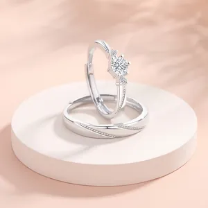 S999 Sterling Silver adjustable couple rings set with crown cubic zirconia stone
