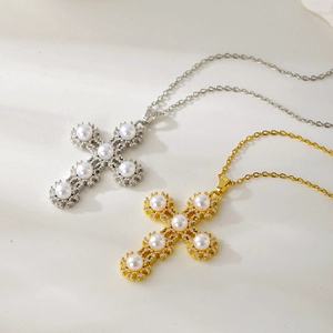 Luxurious gold and silver cross necklaces with inlaid pearls and shimmering zircons