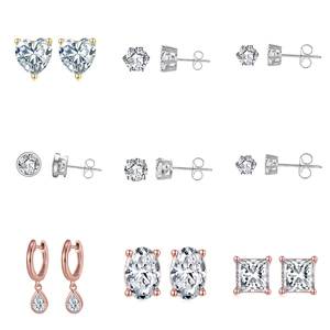 Collection of S925 sterling silver stud earrings in heart, round, and drop shapes
