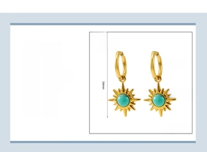 Detail view of gold starburst earrings with blue turquoise inlay and 34mm measurements