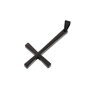 Detailed view of a sleek black stainless steel cross pendant with a smooth mirror finish