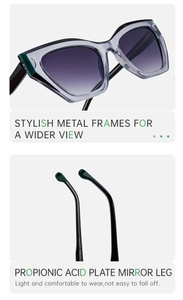 Detail of cat eye sunglasses showing propionic acid plate temples and purple gradient lenses
