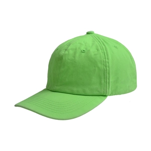 Detail of neon green cotton twill baseball cap with reinforced stitching and eyelets