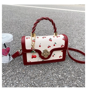 Detail of sweet cherry print handbag with golden metal lock on outdoor asphalt background