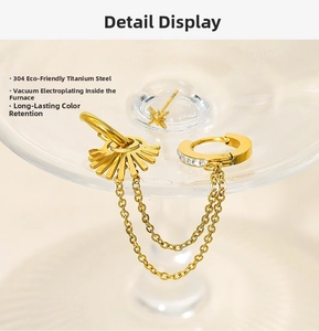 Detailed macro view of 18K gold tassels on vacuum plated 304 stainless steel earrings