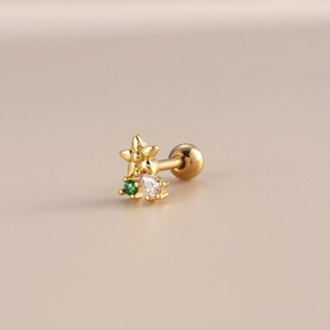 Gold star cartilage earring with green zircon and clear drop stone with screw ball back