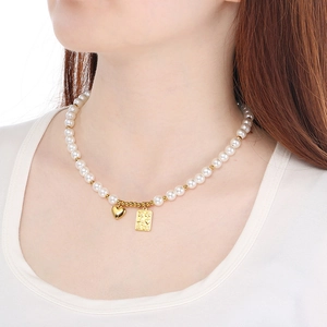 Stainless Steel Heart Pendant Necklace With Shell Artificial Pearl Beads French Vintage Gold Plated Square Tag For Women
