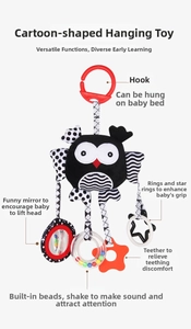Detail of owl infant hanging toy showing teether, rattle ring and distortion mirror