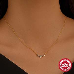 S925 Sterling Silver Gold Necklace with Curved Seven White Zirconia Stones for Women