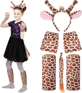 Kids giraffe costume set including purple sequin dress, headband, gloves and tail