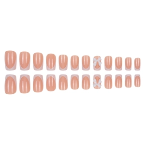 Unghie finte quadrate French rosa con fiocchi 3D bianchi, set da 24 pezzi