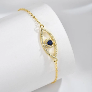 Elegant gold S925 sterling silver evil eye bracelet with blue and white zircons