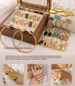Detail view of gold-plated jewelry set featuring colorful baguette-cut crystal stones
