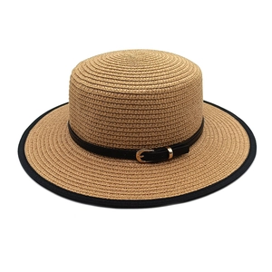 Boater Straw Hat Flat Top Wide Brim Sun Protection Summer Beach Travel Elegant Vintage Sunshade Cap For Women
