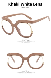 Vista frontal y lateral de montura de gafas cat-eye caqui con detalles metálicos dorados