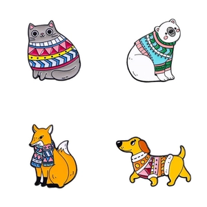 Set of 4 cute enamel animal pins featuring cat, polar bear, fox and dog in sweaters