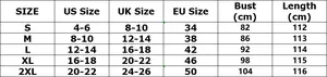 Size chart for slim elegant dress with US UK and EU measurements in centimeters
