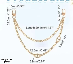 Detailed size chart of gold double-layer handbag chain with metal lobster clasp dimensions