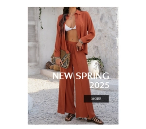 Detail view of orange vacation set with loose shirt and high waist slit wide leg trousers