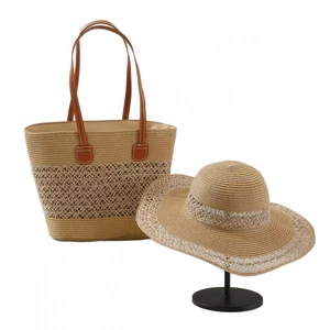 Straw tote bag and wide brim sun hat set with hollow mesh pattern for summer beach