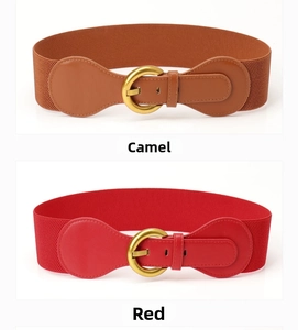 Dual view of camel and red elastic waist belts with golden metal pin buckles for dresses