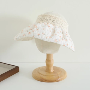 Détail de l'organza floral et de la dentelle ajourée sur le bord du chapeau enfant
