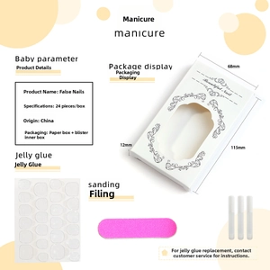 Short square press-on nail kit with 24 pieces, jelly glue, and a nail file in a white box