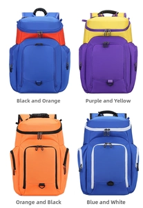 Detailed view of large sports backpacks in four color options with durable nylon texture